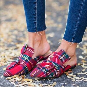 TinsTree Red Plaid Tartan Knotted Front Slip-On Mules Loafers Size 10M